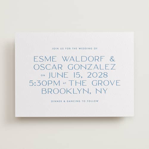 This is a marine blue letterpress wedding invitations with letterpress by Ellen Schlegelmilch called brooklyn printing on white cotton in standard