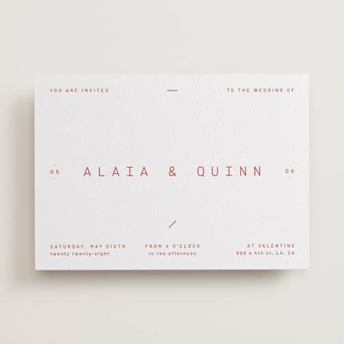 This is a verona sunset letterpress wedding invitations with letterpress by Blustery August called alaia printing on white cotton in standard