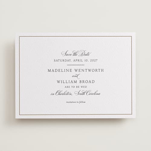 This is a soft black save the date with letterpress by Megan Davis called wentworth printing on white cotton in standard