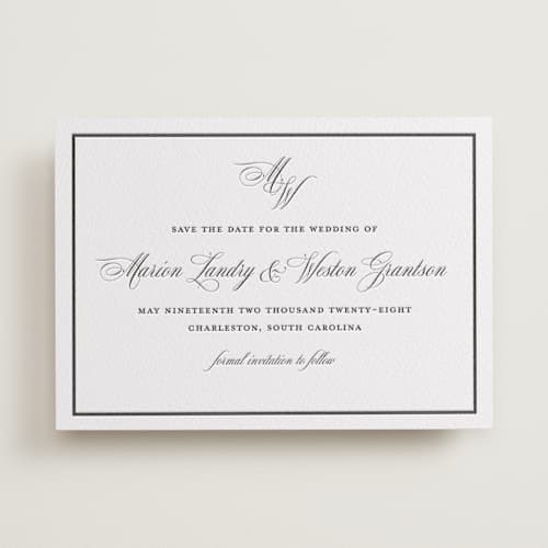 This is a soft black save the date with letterpress by Melinda Denison called royal printing on white cotton in standard