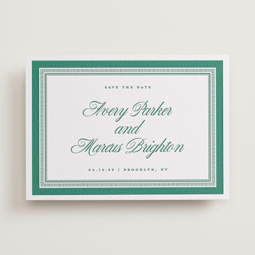 This is a racing green save the date with letterpress by Kelly Watkins called archer printing on white cotton in standard