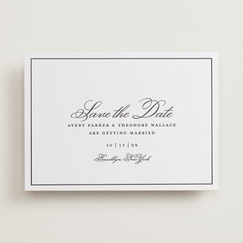 This is a soft black save the date with letterpress by Kelly Watkins called bliss printing on white cotton in standard