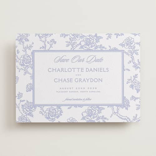 This is a vista save the date with letterpress by Jenna Holcomb called classic toile printing on white cotton in standard