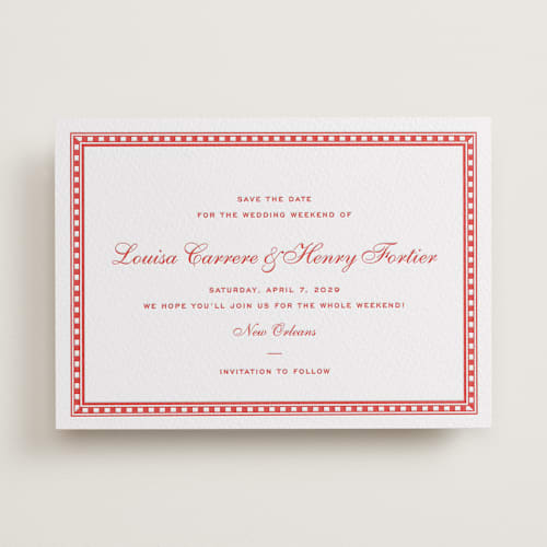 This is a ruby save the date with letterpress by Megan Davis called larkin printing on white cotton in standard