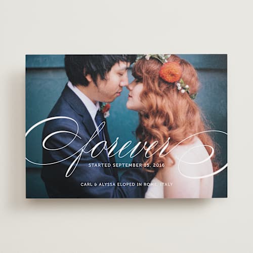 This is a snow wedding announcements with standard by Kimberly FitzSimons called forever printing on recycled smooth signature in standard