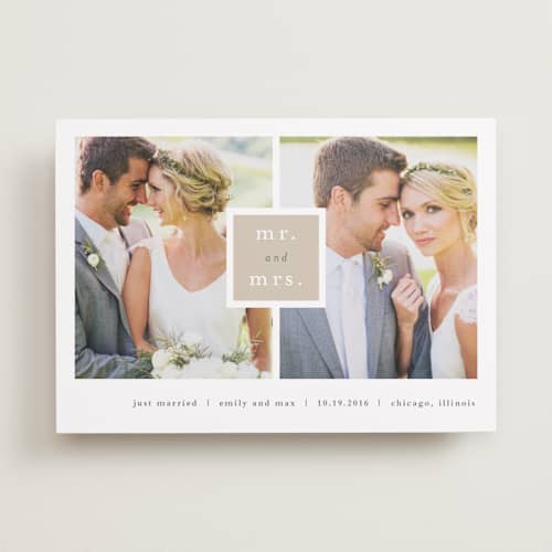 This is a khaki wedding announcements with standard by Stacey Meacham called frame up printing on recycled smooth signature in standard