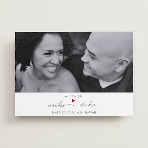 This is a cranberry wedding announcements with standard by Kim Dietrich Elam called love connection printing on recycled smooth signature in standard