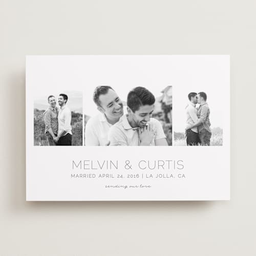 This is a charcoal grey wedding announcements with standard by Shirley Lin Schneider called oh so dreamy printing on recycled smooth signature in standard