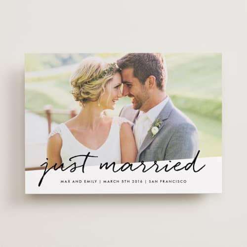 This is a cloud wedding announcements with standard by Roxy Cervantes called scripted printing on recycled smooth signature in standard