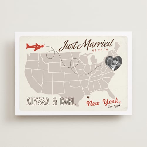This is a tomato wedding announcements with standard by leslie hamer called up and away printing on recycled smooth signature in standard