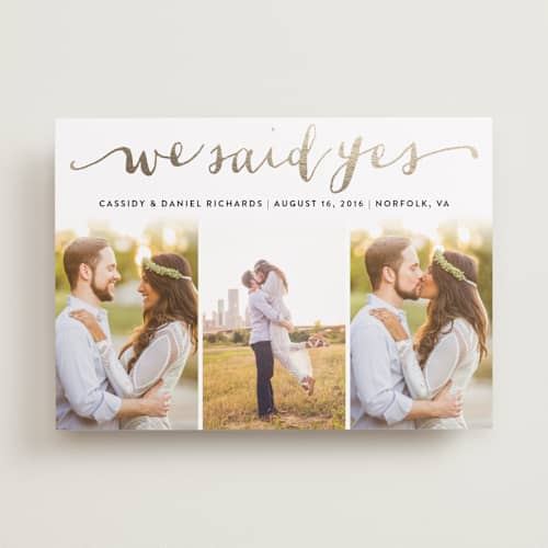 This is a golden wedding announcements with foil pressed by Ashley Hegarty called jotted printing on recycled smooth signature in standard