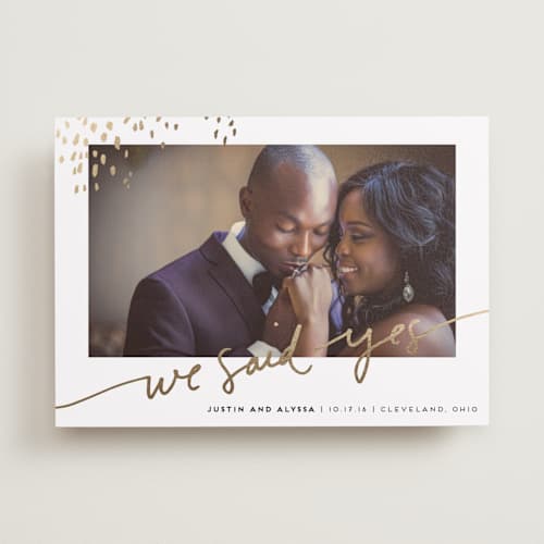This is a gold wedding announcements with foil pressed by Kelly Ventura called let love shine printing on recycled smooth signature in standard