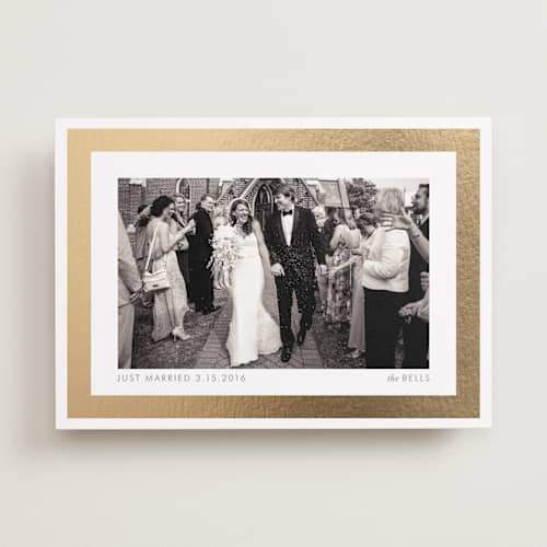 This is a gold wedding announcements with foil pressed by kelli hall called bright border printing on recycled smooth signature in standard