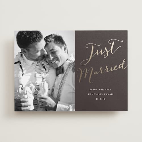 This is a dark chocolate wedding announcements with foil pressed by Eric Clegg called cottonwood printing on recycled smooth signature in standard