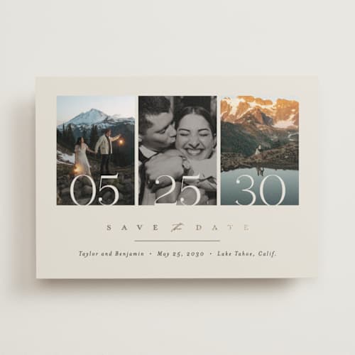 This is a ecru foil stamped save the date cards with foil pressed by Erica Krystek called simple trio printing on recycled smooth signature in standard