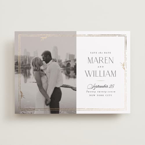 This is a linen foil stamped save the date cards with foil pressed by Robert and Stella called sable printing on recycled smooth signature in standard