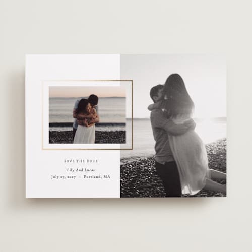 This is a snow foil stamped save the date cards with foil pressed by Sara Hicks Malone called picture printing on recycled smooth signature in standard