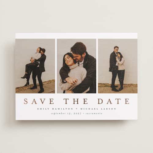 This is a lace foil stamped save the date cards with foil pressed by Nicole Walsh called elegant trio printing on recycled smooth signature in standard