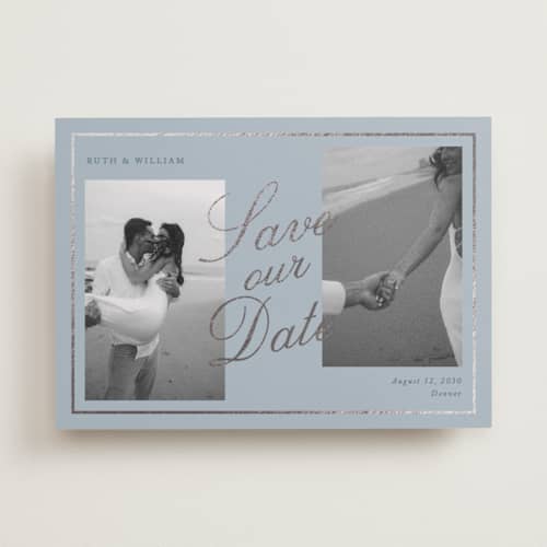 This is a french blue foil stamped save the date cards with foil pressed by Brianne Larsen called timeless love printing on recycled smooth signature in standard