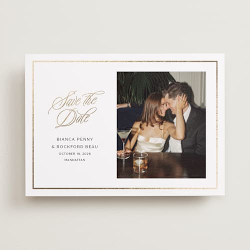 This is a cloud foil stamped save the date cards with foil pressed by Ashlee Townsend called classic city printing on recycled smooth signature in standard