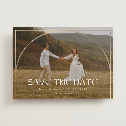 This is a snow foil stamped save the date cards with foil pressed by AK Graphics called folklore printing on recycled smooth signature in standard