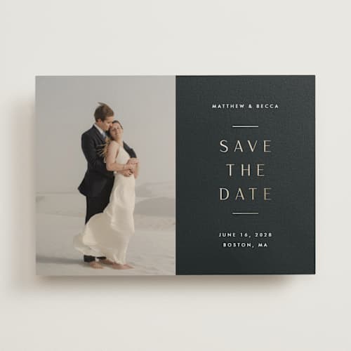 This is a charcoal foil stamped save the date cards with foil pressed by Stacey Meacham called subtle elegance printing on recycled smooth signature in standard