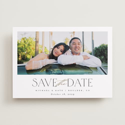This is a cotton foil stamped save the date cards with foil pressed by Carolyn Nicks called striking printing on recycled smooth signature in standard
