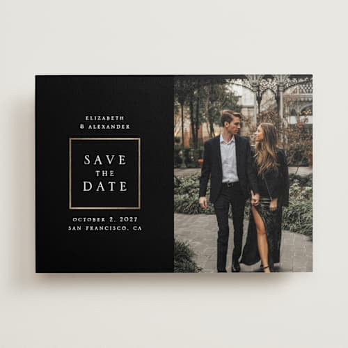 This is a black coal foil stamped save the date cards with foil pressed by Remioni called сlassic printing on recycled smooth signature in standard