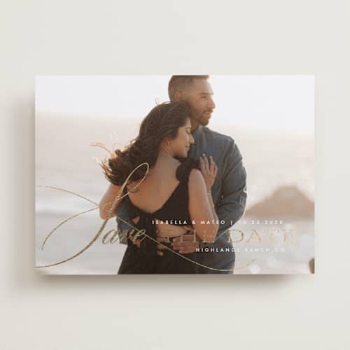 This is a quartz foil stamped save the date cards with foil pressed by Design Lotus called sway printing on recycled smooth signature in standard