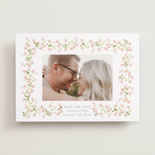 This is a peony save the date with standard by Baumbirdy called rosebud printing on recycled smooth signature in standard