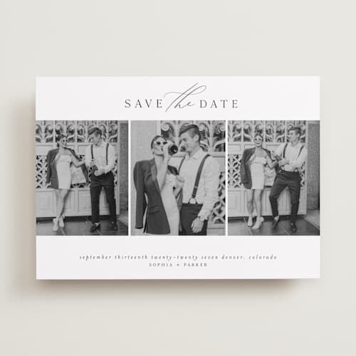 This is a dusk save the date with standard by Grace Kreinbrink called scripted multi printing on recycled smooth signature in standard