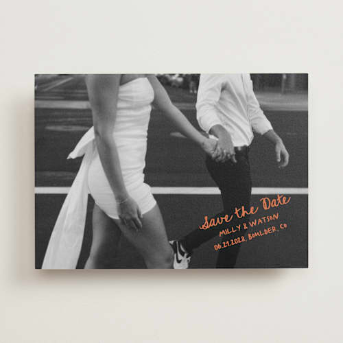 This is a tangerine save the date with standard by Jelena Vuletic called imprint printing on recycled smooth signature in standard