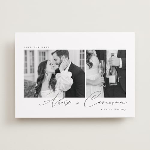 This is a noir save the date with standard by Emily Betts called simple two printing on recycled smooth signature in standard