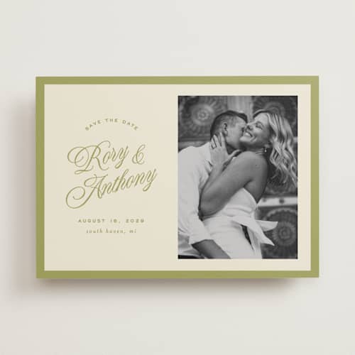 This is a olive save the date with standard by Ellen Schlegelmilch called rory printing on recycled smooth signature in standard