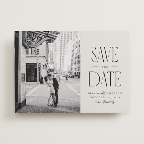 This is a dove save the date with standard by Robert and Stella called pierre printing on recycled smooth signature in standard