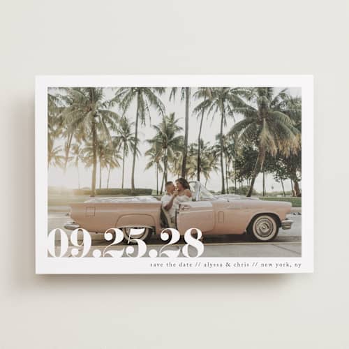 This is a linen save the date with standard by Ashley Cuccio called malibu dreams printing on recycled smooth signature in 5x7