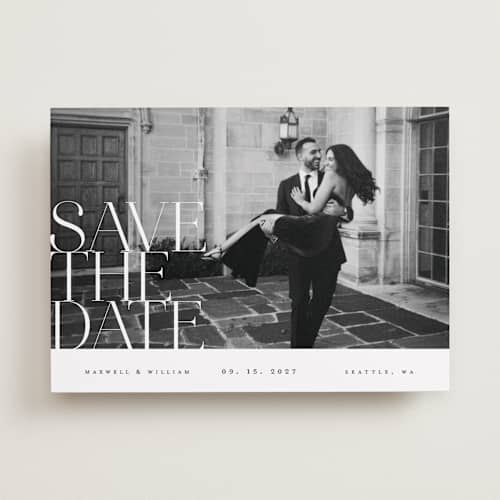 This is a pearl save the date with standard by Ana de Sousa called editorial lettering printing on recycled smooth signature in standard