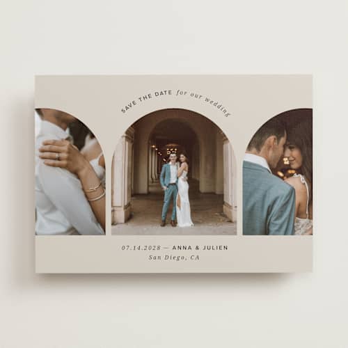 This is a sand save the date with standard by Kristin Oliversen called pure elegance printing on recycled smooth signature in standard