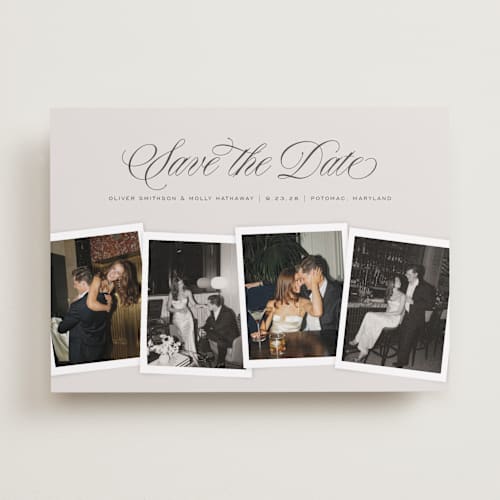 This is a creme save the date with standard by Erin L. Wilson called simple snapshots printing on recycled smooth signature in standard