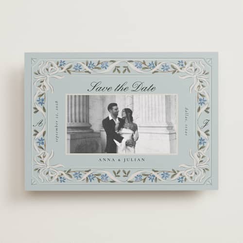 This is a sky save the date with standard by Ana de Sousa called romantic elegance printing on recycled smooth signature in standard