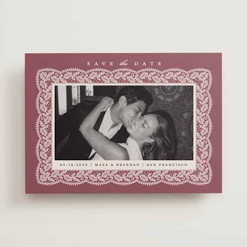 This is a mauve save the date with standard by Erica Krystek called chantilly printing on recycled smooth signature in standard
