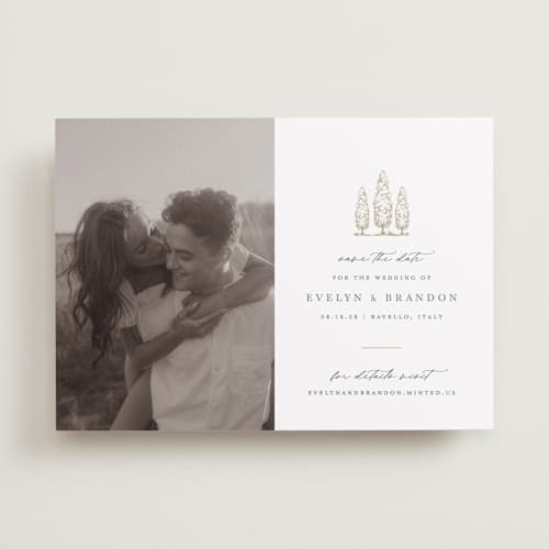 This is a champagne save the date with standard by Sarah Brown called arborvitae printing on recycled smooth signature in standard