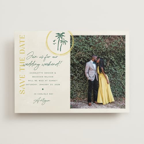 This is a island citrus save the date with standard by Pixel and Hank called coastal drift printing on recycled smooth signature in standard