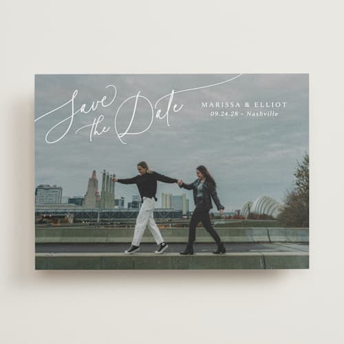 This is a pearl save the date with standard by Kaydi Bishop called on the horizon printing on recycled smooth signature in standard