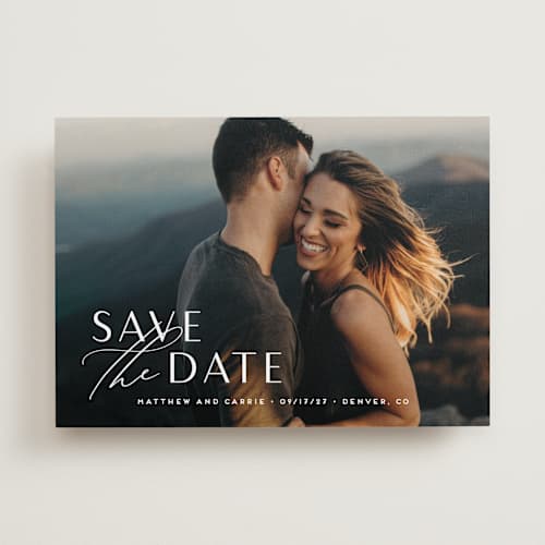 This is a pearl save the date with standard by Jennifer Postorino called eloquent printing on recycled smooth signature in standard