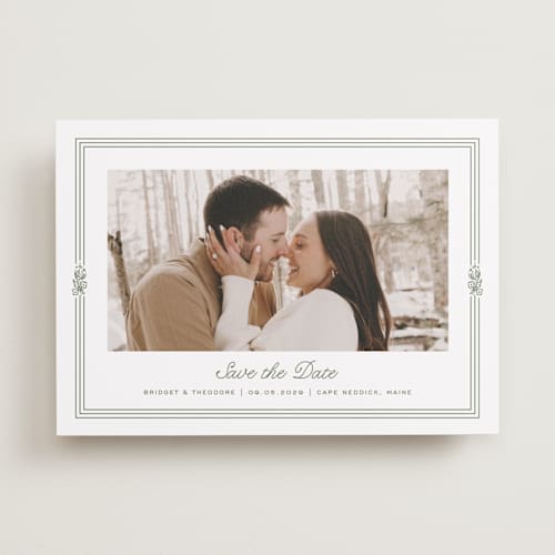 This is a leaf save the date with standard by Kate Ahn called court printing on recycled smooth signature in standard
