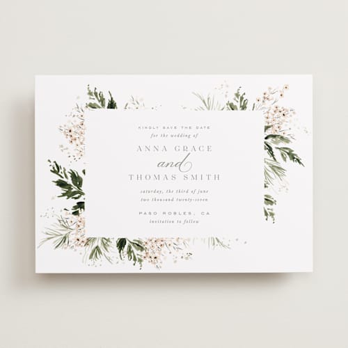 This is a porcelain save the date with standard by Leah Bisch called grace printing on recycled smooth signature in standard