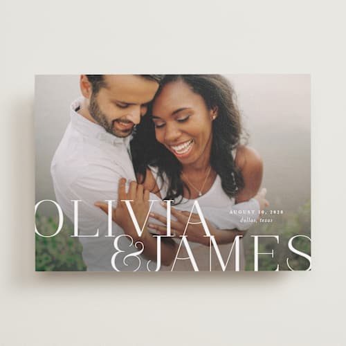 This is a pearl save the date with standard by Lauren Chism called this couple printing on recycled smooth signature in standard