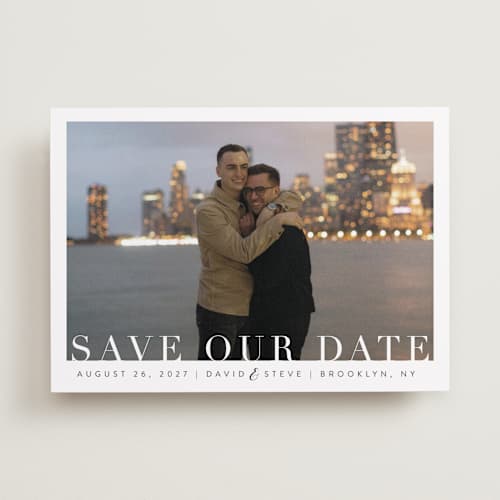 This is a clouds save the date with standard by Kasia Labocki called simple elegance printing on recycled smooth signature in standard