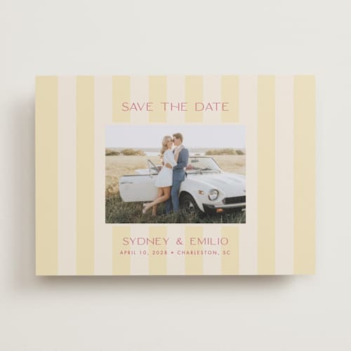 This is a lemon save the date with standard by Ellen Schlegelmilch called palmetto printing on recycled smooth signature in standard